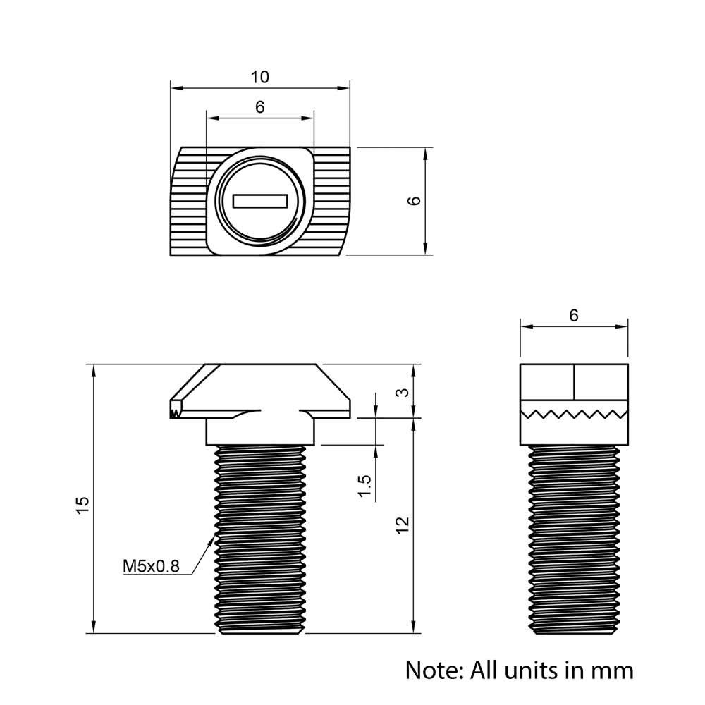 Technical Drawing of Drop In Bolt - T/V-Slot - 20 Series - M5 - 12mm