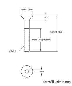Technical Drawing of Countersunk Bolt - M5 - 55mm