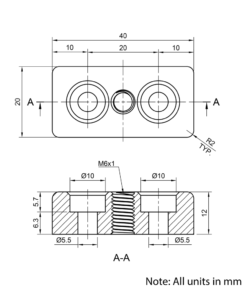Technical Drawing Of Foot Plate - 20 Series - 20x40 - M6