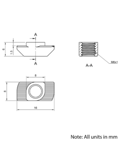 Technical Drawing Of Drop In Nut - T-Slot - 30 Series - M6 - Stainless Steel