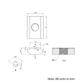 Technical Drawing Of Roll In Nut - T-Slot - 30 Series - M6