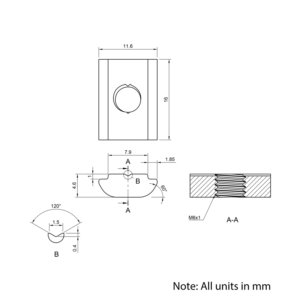 Technical Drawing Of Roll In Nut - T-Slot - 30 Series - M6