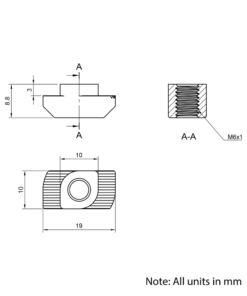 Technical Drawing Of Drop In Nut - T-Slot - 40 & 45 Series - M6 - Stainless Steel