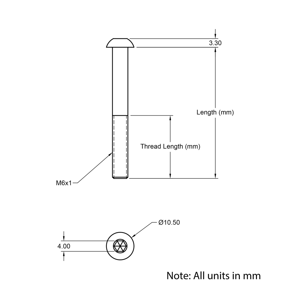 Technical Drawing Of Button Head Bolt - M6 - 12mm