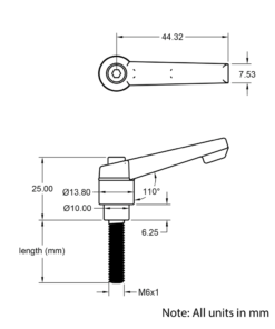 Technical Drawing Of Adjustable Handle - M6 - 32mm