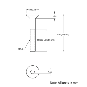 Technical Drawing of Countersunk Bolt - M6 - 55mm