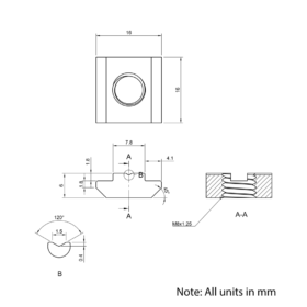 Technical Drawing Of Slide In Nut - T-Slot - 30 Series - M8 - Stainless Steel
