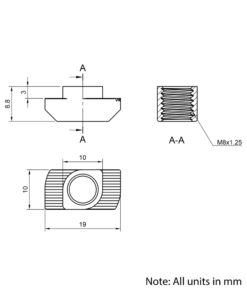 Technical Drawing Of Drop In Nut - T-Slot - 40 & 45 Series - M8 - Stainless Steel