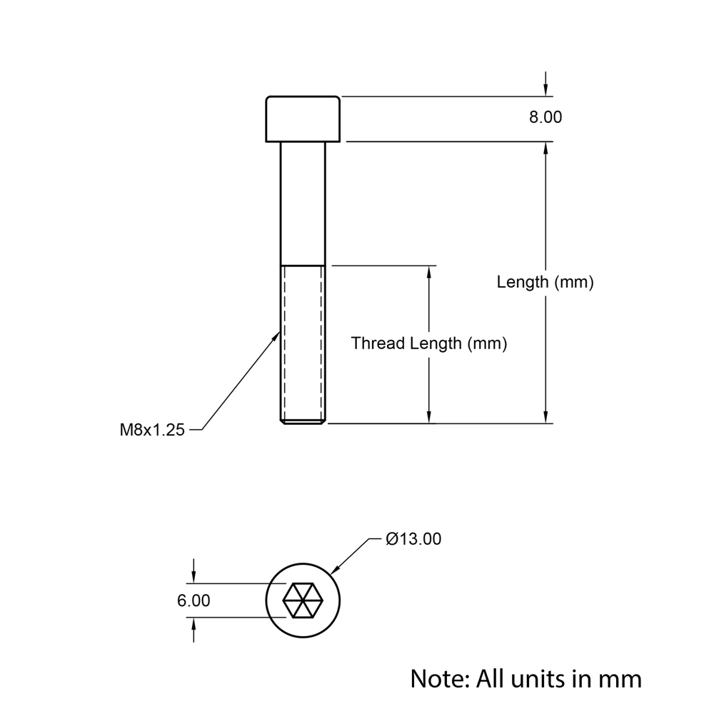Technical Drawing of Cap Head Bolt - M8 - 12mm