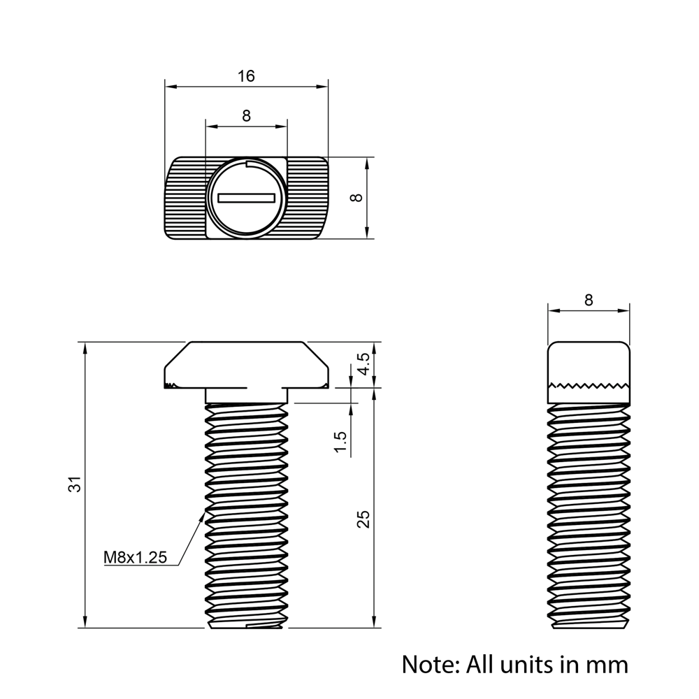 Technical Drawing of Drop In Bolt - T-Slot - 30 Series - M8 - 25mm