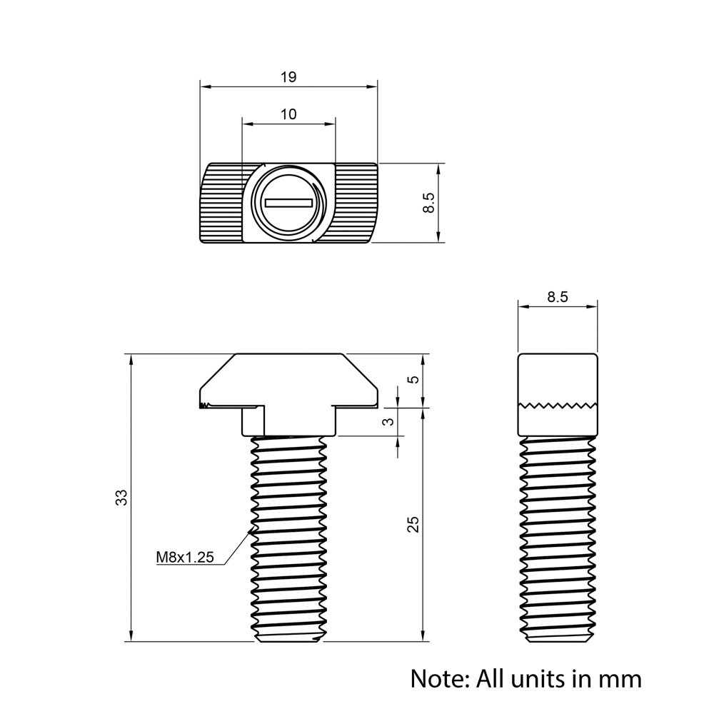 Technical Drawing of Drop In Bolt - T-Slot - 40 & 45 Series - M8 - 25mm