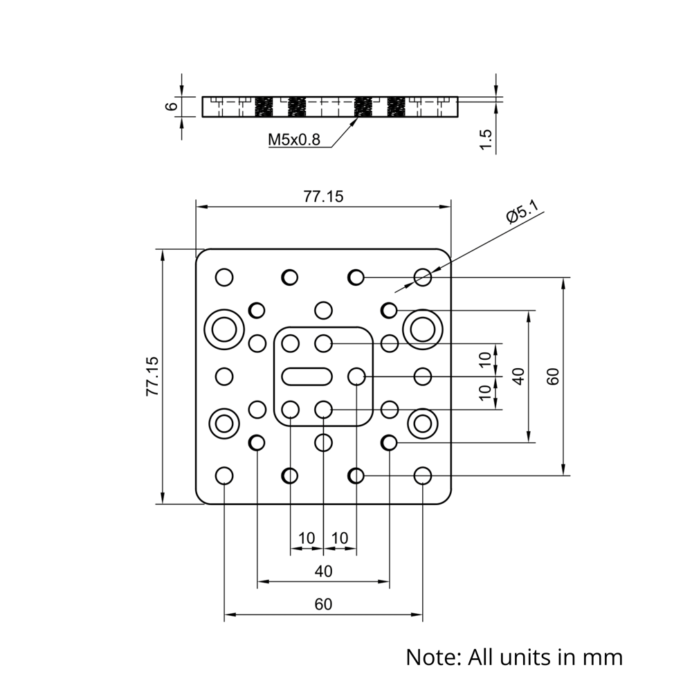 Technical Drawing Of C-Beam Gantry Plate - Medium - 77.5x77.5mm