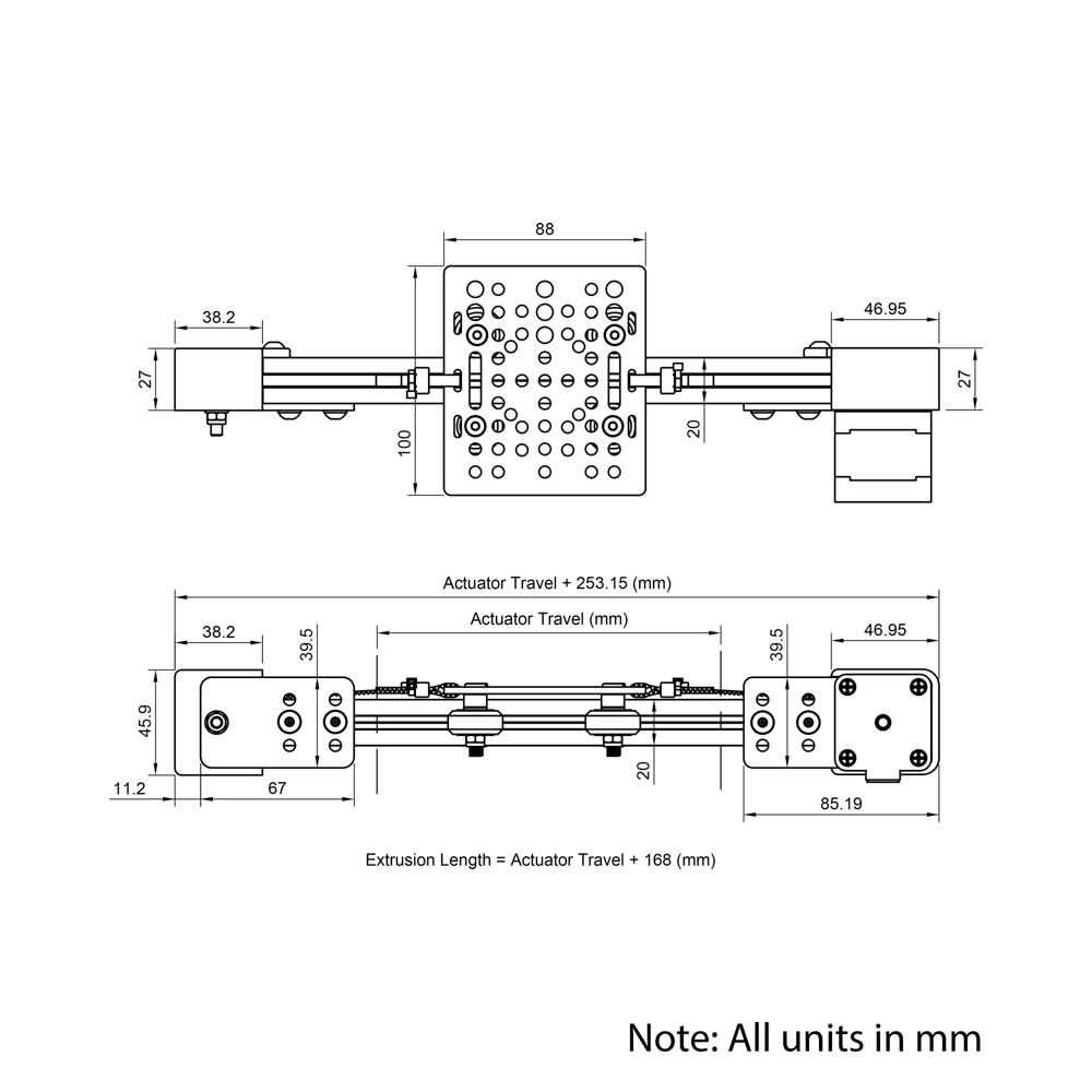 Technical Drawing Of Belt Drive Actuator - NEMA17 - 20x20mm - 250mm - Black - V-Slot Gantry Plate - Medium