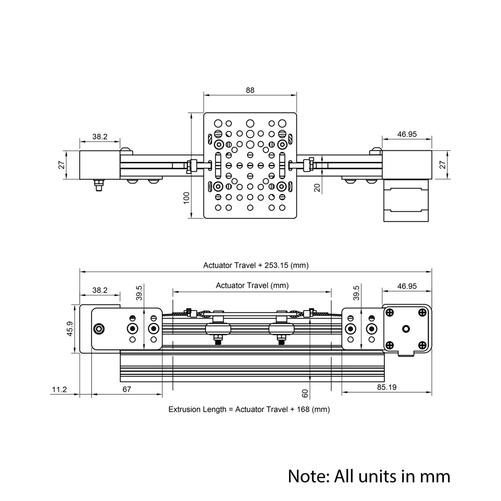 Technical Drawing Of Belt Drive Actuator - NEMA17 - 20x60mm - 2000mm - Black - V-Slot Gantry Plate - Medium
