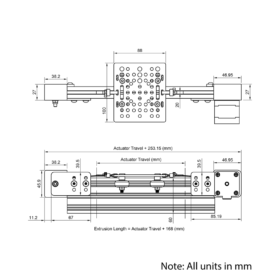 Technical Drawing Of Belt Drive Actuator - NEMA17 - 20x60mm - 250mm - Black - V-Slot Gantry Plate - Medium