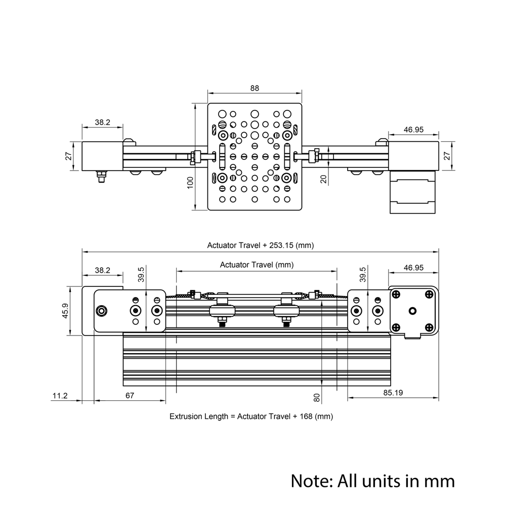 Technical Drawing Of Belt Drive Actuator - NEMA17 - 20x80mm - 250mm - Black - V-Slot Gantry Plate - Medium