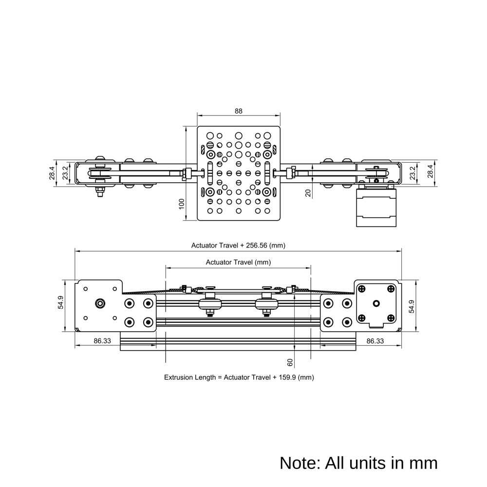 Technical Drawing Of Modular Belt Drive Actuator - 20x60mm - 1500mm - Black - V-Slot Gantry Plate - Medium