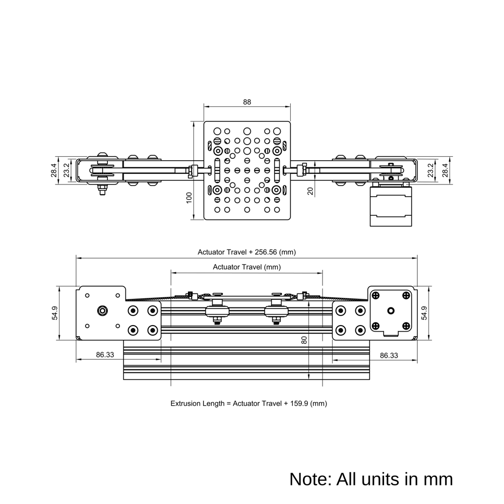 Technical Drawing Of Modular Belt Drive Actuator - 20x80mm - 2000mm - Black - V-Slot Gantry Plate - Medium