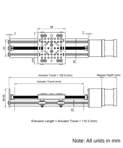 Technical Drawing Of Screw Drive Actuator - NEMA17 - 20x60mm - 250mm - Silver - V-Slot Gantry Plate - Medium