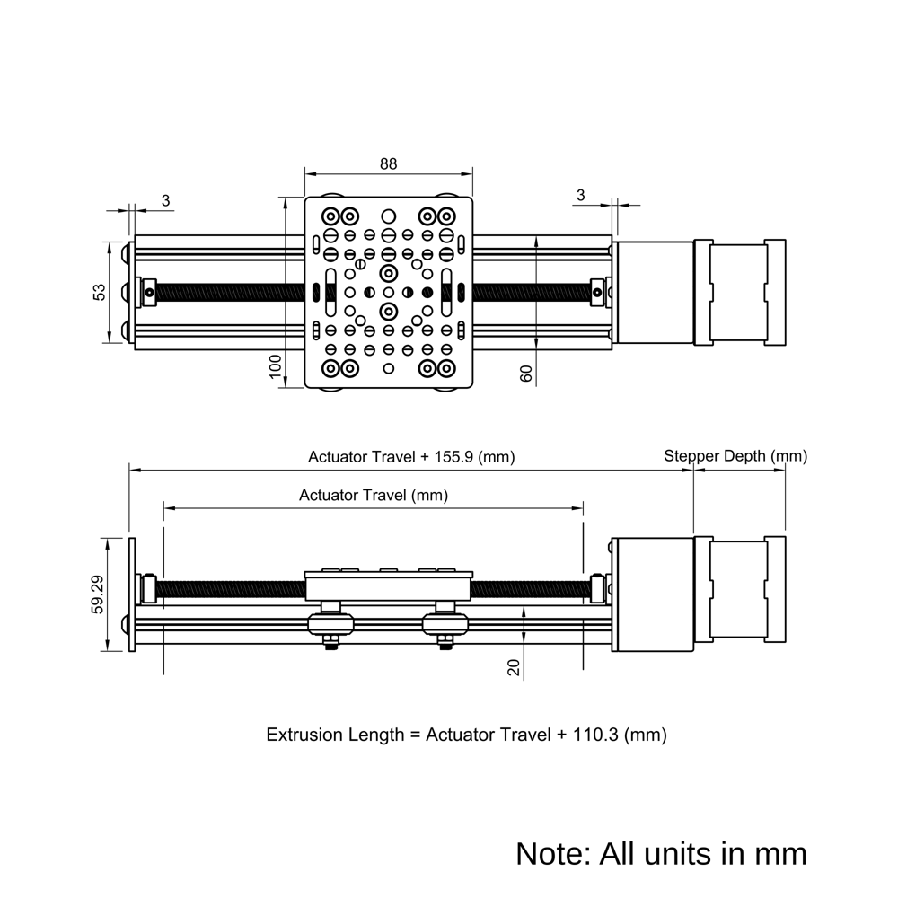 Technical Drawing Of Screw Drive Actuator - NEMA17 - 20x60mm - 500mm - Silver - V-Slot Gantry Plate - Medium