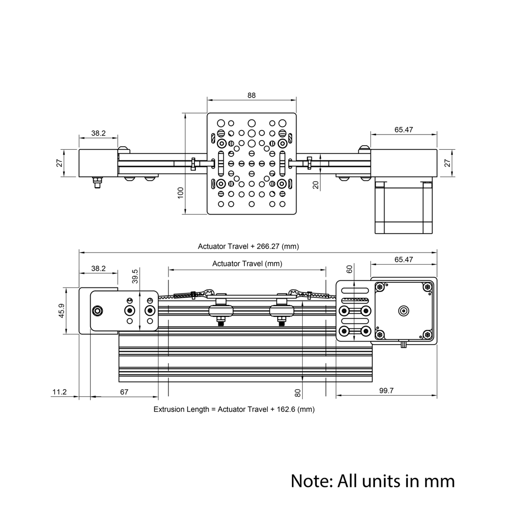 Technical Drawing Of Belt Drive Actuator - NEMA23 - 20x80mm - 250mm - Black - V-Slot Gantry Plate - Medium