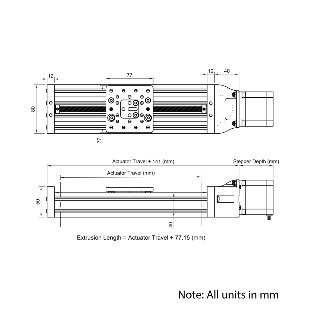 Technical Drawing Of C-Beam Screw Drive Actuator - Compact - 1000mm - Silver - Gantry Plate - Medium