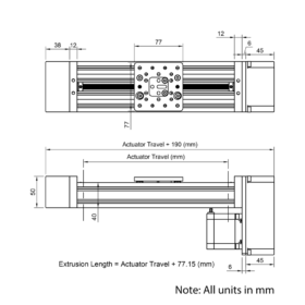 Technical Drawing Of C-Beam Screw Drive Actuator - Rear Mount - 250mm - Silver - Gantry Plate - Medium