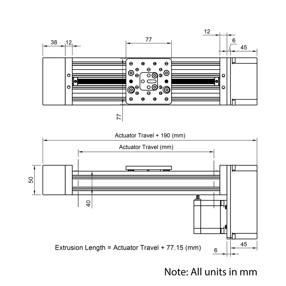 Technical Drawing Of C-Beam Screw Drive Actuator - Rear Mount - 1000mm - Silver - Gantry Plate - Medium