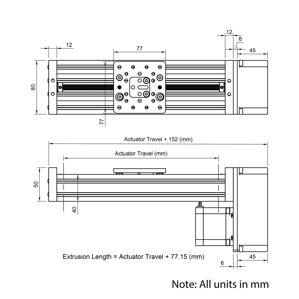 Technical Drawing Of C-Beam Screw Drive Actuator - Compact - Rear Mount - 250mm - Silver - Gantry Plate - Medium