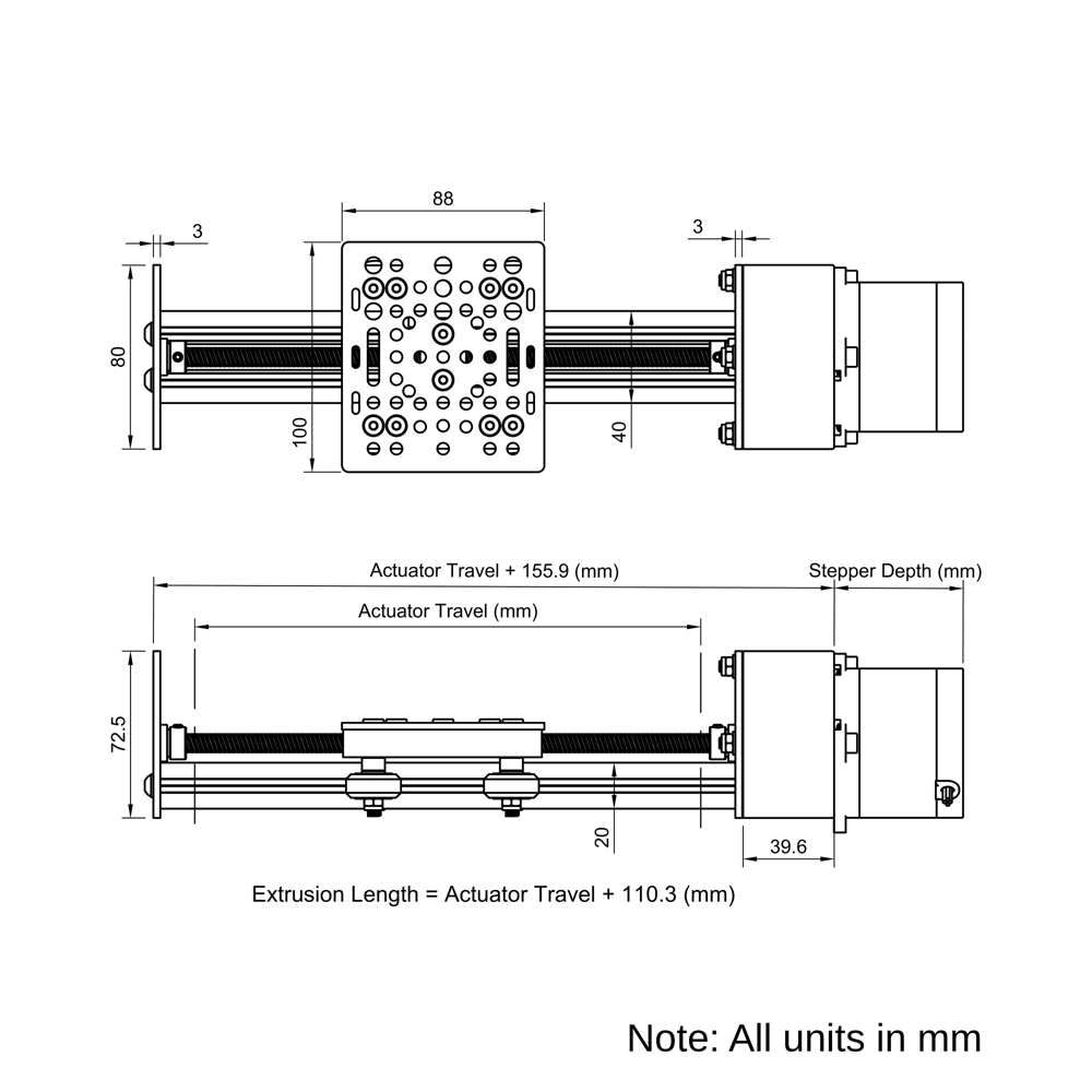 Technical Drawing Of Screw Drive Actuator - NEMA23 - 20x40mm - 500mm - Silver - V-Slot Gantry Plate - Medium