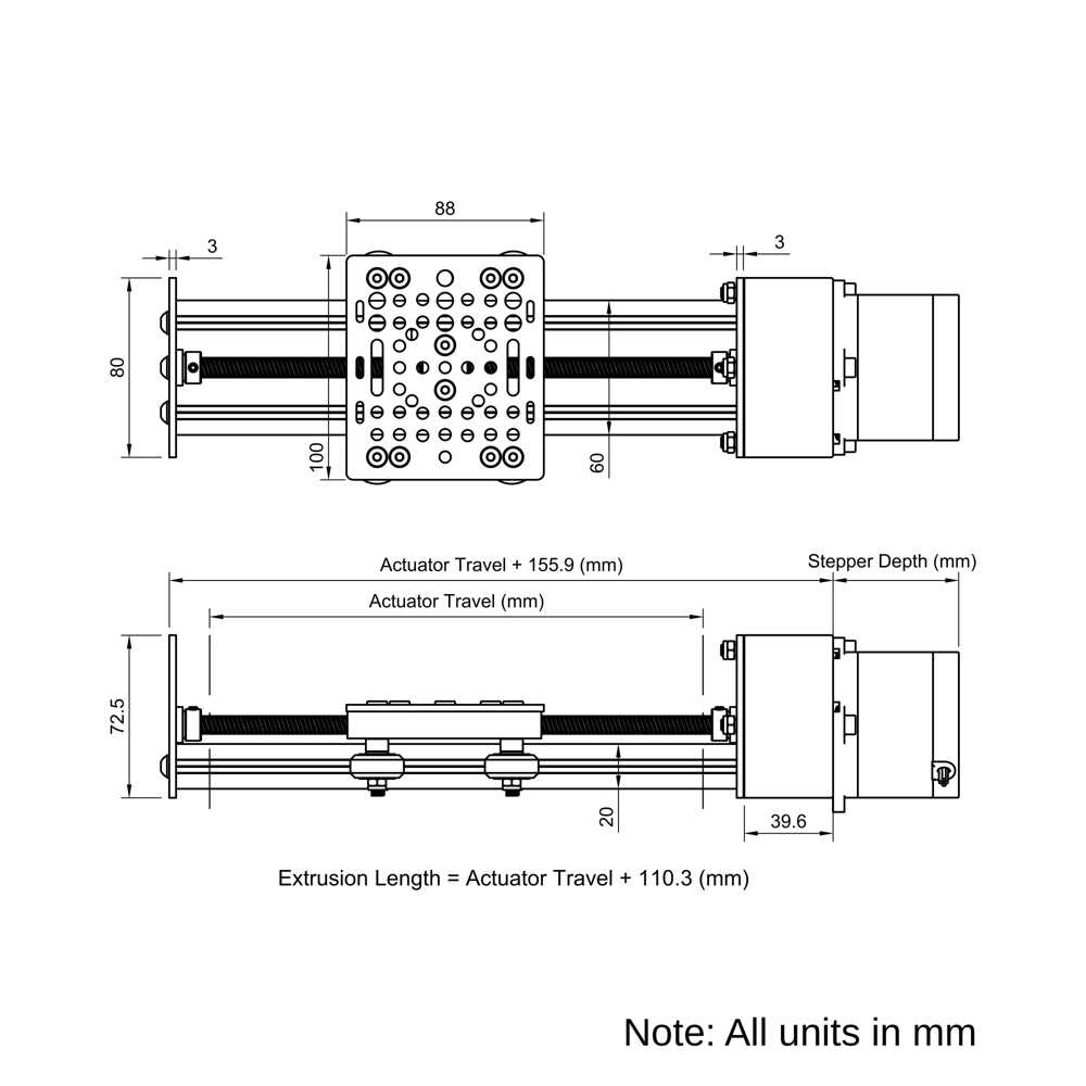 Technical Drawing Of Screw Drive Actuator - NEMA23 - 20x60mm - 250mm - Silver - V-Slot Gantry Plate - Medium