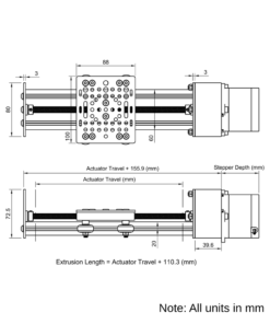 Technical Drawing Of Screw Drive Actuator - NEMA23 - 20x60mm - 500mm - Silver - V-Slot Gantry Plate - Medium