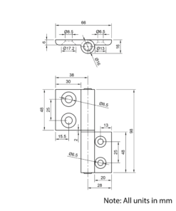 Technical Drawing Of Lift Off Hinge - 30 to 45 Series - Right-hand