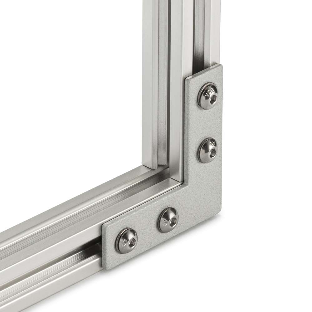 Plate Connector - 90 Degree - Single Slot - 20 Series - Steel - Grey - With Fixings Joining Aluminium Extrusion
