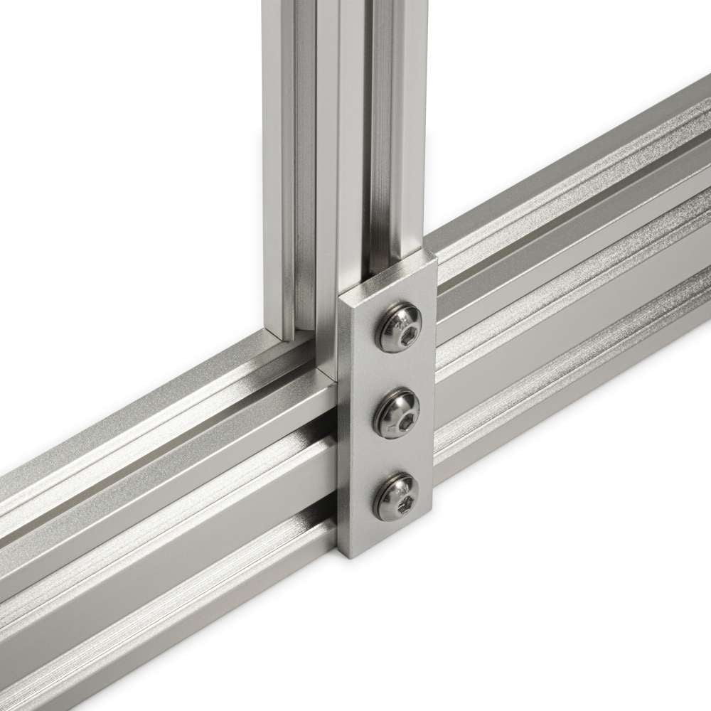 Plate Connector - 3 Hole - Single Slot - 45 Series - Aluminium - Silver - With Fixings Joining Aluminium Extrusion T