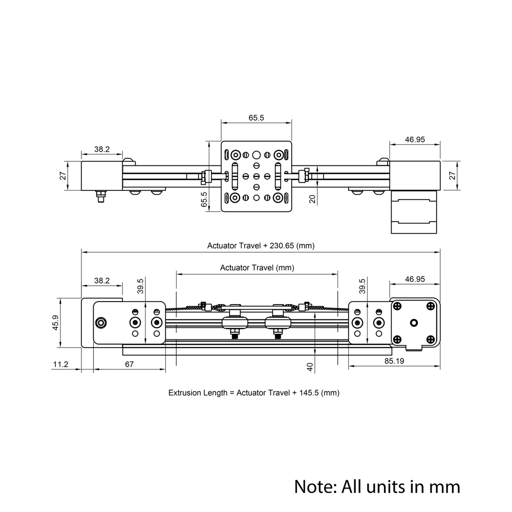 Technical Drawing Of Belt Drive Actuator - NEMA17 - 20x40mm - 1500mm - Silver - V-Slot Gantry Plate - Small