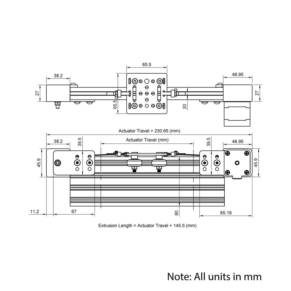 Technical Drawing Of Belt Drive Actuator - NEMA17 - 20x80mm - 2000mm - Silver - V-Slot Gantry Plate - Small