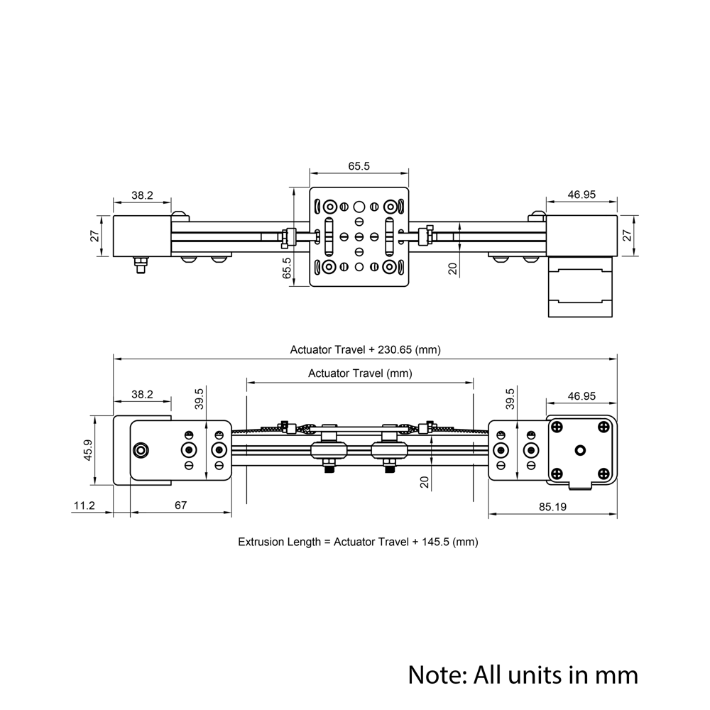 Technical Drawing Of Belt Drive Actuator - NEMA17 - 20x20mm - 250mm - Black - V-Slot Gantry Plate - Small