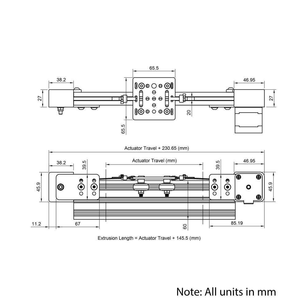 Technical Drawing Of Belt Drive Actuator - NEMA17 - 20x60mm - 3000mm - Black - V-Slot Gantry Plate - Small