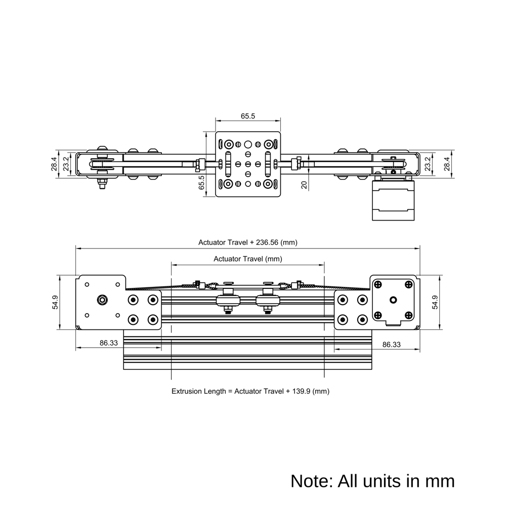 Technical Drawing Of Modular Belt Drive Actuator - 20x80mm - 500mm - Silver - V-Slot Gantry Plate - Small