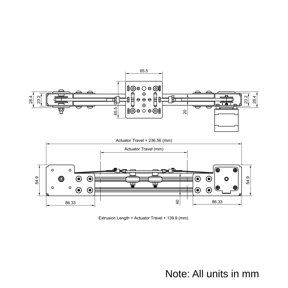 Technical Drawing Of Modular Belt Drive Actuator - 20x40mm - 1500mm - Black - V-Slot Gantry Plate - Small