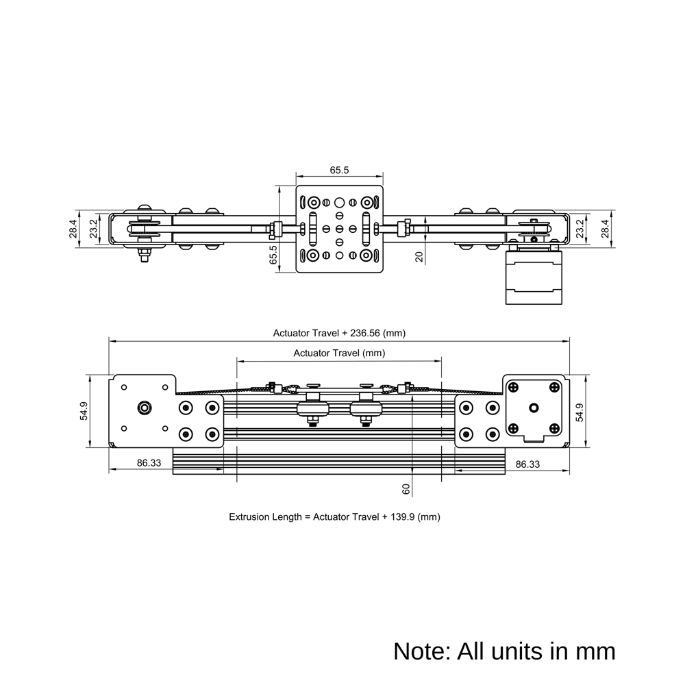 Technical Drawing Of Modular Belt Drive Actuator - 20x60mm - 1000mm - Black - V-Slot Gantry Plate - Small