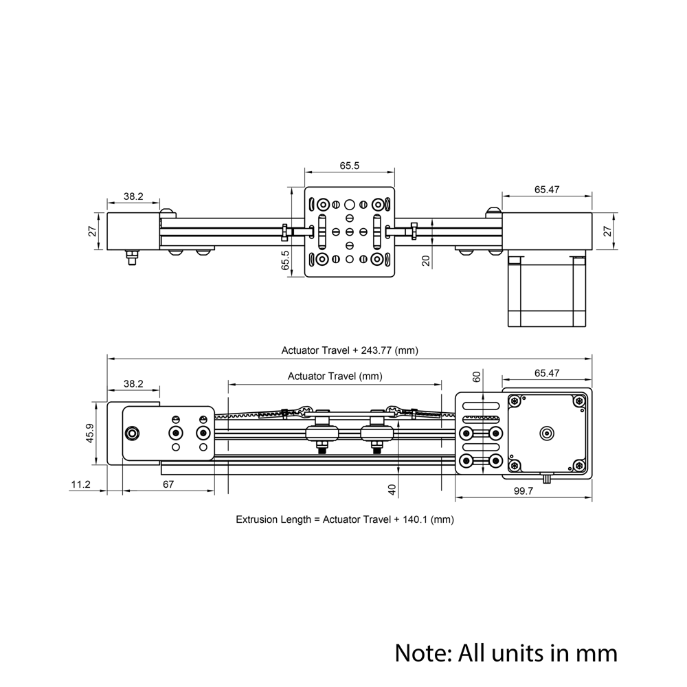Technical Drawing Of Belt Drive Actuator - NEMA23 - 20x40mm - 1500mm - Silver - V-Slot Gantry Plate - Small