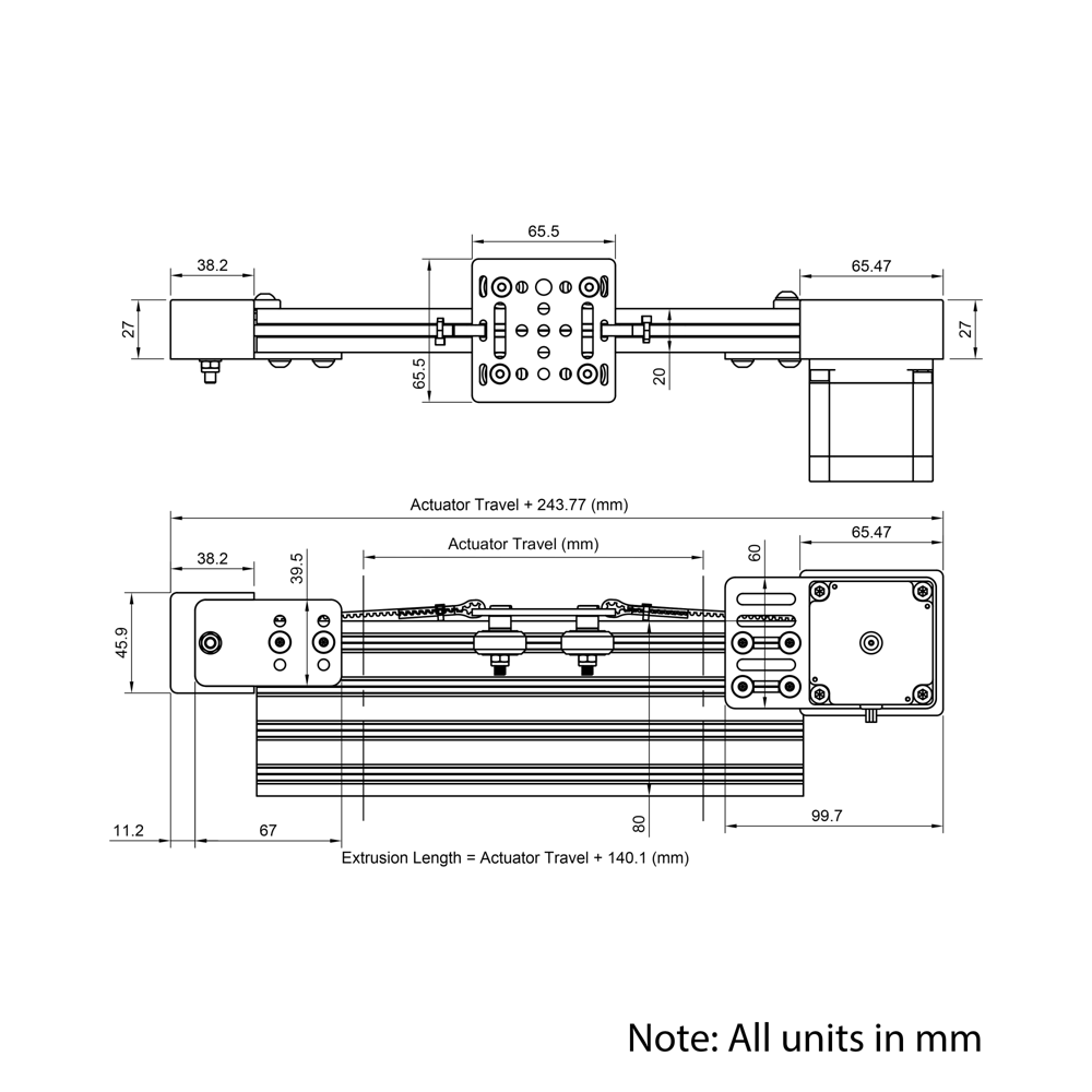 Technical Drawing Of Belt Drive Actuator - NEMA23 - 20x80mm - 500mm - Silver - V-Slot Gantry Plate - Small