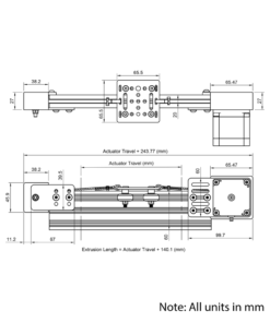 Technical Drawing Of Belt Drive Actuator - NEMA23 - 20x60mm - 500mm - Black - V-Slot Gantry Plate - Small